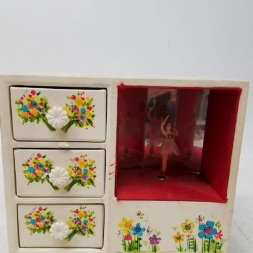 Vintage 70’s/80’s Floral Wind Up Music Jewelry box With Dancing Ballernia!